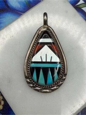 Zuni Gladys Lamy LGL 925 Sterling silver turquoise coral onyx MOP pendant #S44